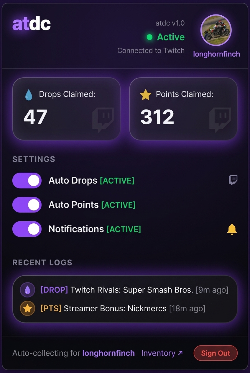 atdc extension popup: Active status, Drops and Points claimed counters, Auto Drops, Auto Points and Notifications toggles all active, recent logs, Sign Out footer